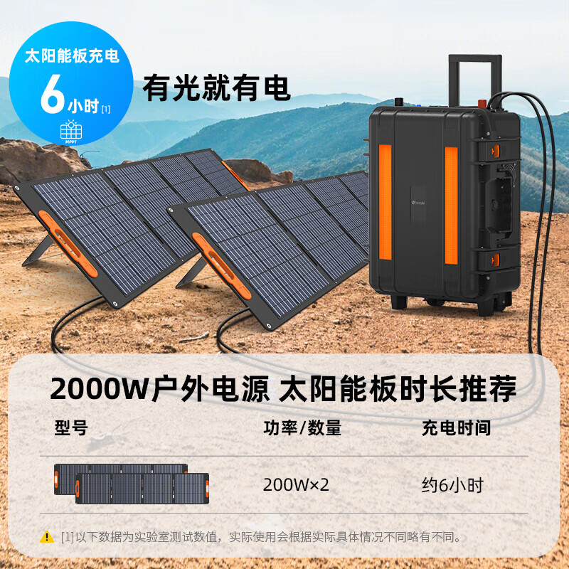 八方盾2000W便携式户外太阳能光伏储能大容量移动电源 黑色